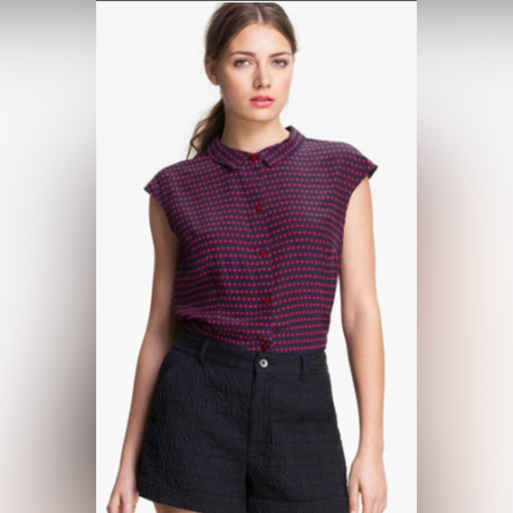 Marc By Marc Jacobs Navy and Pink Sleeveless Silk Button Down Shirt Size 10